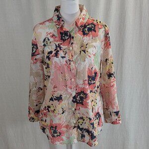 Van Heusen Size Large 3/4 Sleeve Button Down 100% Cotton Floral Print